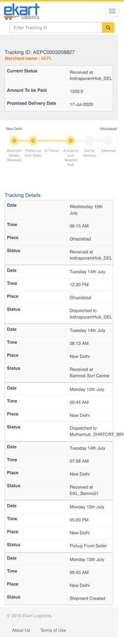 Tracking Details
Tracking ID: AEPC0003208827
Merchant name : AEPL
Received at
IndirapuramHub_DEL
Current Status
1350.0
Amount