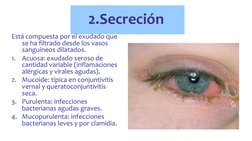 2.Secreción 
Está compuesta por el exudado que 
se ha filtrado desde los vasos 
sanguíneos dilatados. 
1.
Acuosa: exudado ser