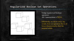 Regularized Boolean Set Operations 
Using regularized boolean 
operators: 
All 3 intersections = NULL 
 
Effectively, we thro