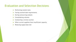 Evaluation and Selection Decisions 
Performing market tests 
Facing countertrade requirements 
During outsourcing analysis