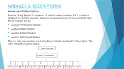 MODULES & DESCRIPTIONS
Modules And Its Descriptions 
Smarter Hiring System is composed of mainly twelve modules. Each module
