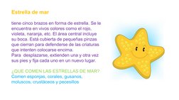 Estrella de mar
tiene cinco brazos en forma de estrella. Se le 
encuentra en vivos colores como el rojo, 
violeta, naranja, e