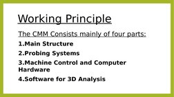 Working Principle
The CMM Consists mainly of four parts:
1.Main Structure
2.Probing Systems
3.Machine Control and Computer 
H