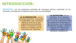 INTRODUCCION: 
Nutrientes: son las sustancias esenciales de naturaleza química contenidas en los 
alimentos, utilizadas por e
