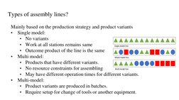 Types of assembly lines? 
 
Mainly based on the production strategy and product variants 
•
Single model:  
•
No variants 
•