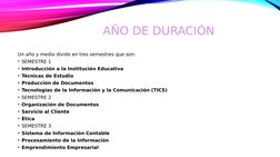 AÑO DE DURACIÓN
Un año y medio divido en tres semestres que son: 
• SEMESTRE 1
• Introducción a la Institución Educativa
• Té