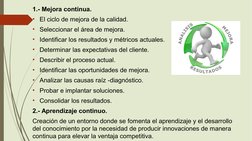 1.- Mejora continua.
• El ciclo de mejora de la calidad.
• Seleccionar el área de mejora.
• Identificar los resultados y métr