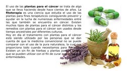 El uso de las plantas para el cáncer se trata de algo 
que se lleva haciendo desde hace cientos de años. La 
fitoterapia es u