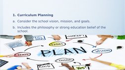 1. Curriculum Planning
a. Consider the school vision, mission, and goals.
b. Includes the philosophy or strong education beli