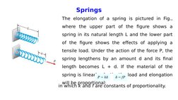 Springs
The elongation of a spring is pictured in Fig., 
where the upper part of the figure shows a 
spring in its natural le