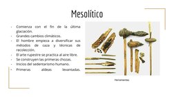 Mesolítico
-
Comienza con el fin de la última 
glaciación.
-
Grandes cambios climáticos.
-
El hombre empieza a diversificar s