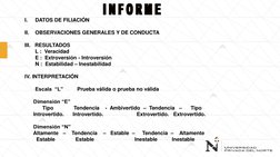 I.
DATOS DE FILIACIÓN
II.
OBSERVACIONES GENERALES Y DE CONDUCTA
III.   RESULTADOS
L :  Veracidad
E :  Extroversión - Introver