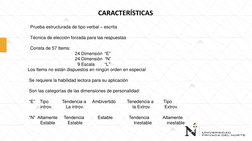 Prueba estructurada de tipo verbal – escrita
Técnica de elección forzada para las respuestas
Consta de 57 Items:
24 Dimensión