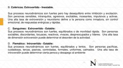 B. Coléricos: Extrovertido - Inestable.
Sus procesos neurodinámicos son fuertes pero hay desequilibrio entre inhibición y exc