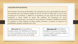 ANÁLISIS SITUACIONAL:
El restaurante "Las pizzas de Donatello" está evaluando una nueva oportunidad de negocios.
Esta pizzerí