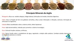 Principais Minerais da Argila
Manganês: eficaz nos estados alérgicos, fadiga habitual, disfunções da tireóide, distúrbios dig