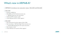 © ARM 2015  
5 
What’s new in ARMv8-A? 
ARMv8-A introduces two execution states:  AArch32 and AArch64 
 
AArch32 

Evoluti