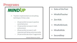 Programs
➢Soles of the Feet
➢MindfulTeacher
➢Zen Kids
➢MindfulSchools 
➢MindfulKids
➢SecondStep
➢
Teachers implemented core b