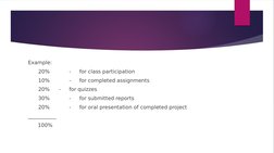 Example:
20%
-
for class participation
10%
-
for completed assignments
20% 
-
for quizzes
30%
-
for submitted reports
20%
-
f