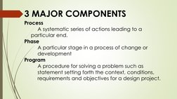 Process
A systematic series of actions leading to a 
particular end. 
Phase
A particular stage in a process of change or 
dev