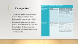 Campo único
• Los identificadores únicos de una 
base de datos se utilizan para 
distinguir los campos entre ellos.
•  Un ide