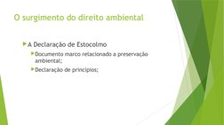 O surgimento do direito ambiental
A Declaração de Estocolmo 
Documento marco relacionado a preservação 
ambiental;
Declara