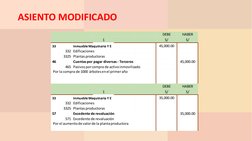 ASIENTO MODIFICADO
  
  
  
  
  
DEBE  
HABER  
  
  
1 
  
  
S/ 
S/ 
33 
Inmueble Maquinaria Y E   
  
45,000.00 
  
332 E