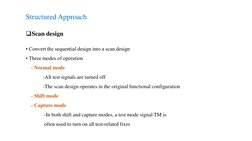 Structured Approach
Scan design 
• Convert the sequential design into a scan design 
• Three modes of operation 
- Normal mo