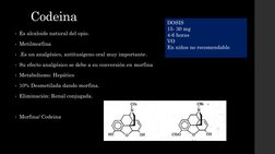 Codeina
• Es alcaloide natural del opio.
• Metilmorfina
• .Es un analgésico, antitusígeno oral muy importante.
• Su efecto an