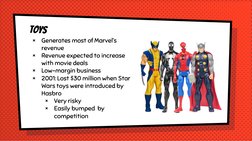 toys
×
Generates most of Marvel’s 
revenue
×
Revenue expected to increase 
with movie deals
×
Low-margin business
×
2001: Los