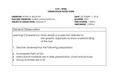 COT Observation Notes for Teachers | PDF | Teachers | Educational ...
