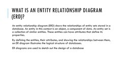 WHAT IS AN ENTITY RELATIONSHIP DIAGRAM 
(ERD)? 
An entity relationship diagram (ERD) shows the relationships of entity sets s