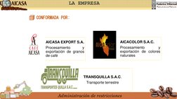 Administración de restricciones
LA EMPRESA
AICASA EXPORT S.A.
Procesamiento
y
exportación de granos
de café
AICACOLOR S.A.C.