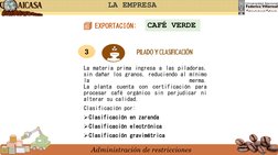 Administración de restricciones
LA EMPRESA
EXPORTACIÓN:
CAFÉ VERDE
3
La materia prima ingresa a las piladoras,
sin dañar los