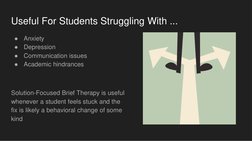 Useful For Students Struggling With ...
●
Anxiety 
●
Depression 
●
Communication issues 
●
Academic hindrances 
Solution-Focu