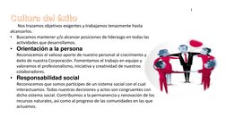 Cultura del éxito
Nos trazamos objetivos exigentes y trabajamos tenazmente hasta 
alcanzarlos. 
•
Buscamos mantener y/o alcan