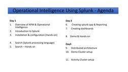 Day 1
1.
Overview of APM & Operational 
Intelligence
2.
Introduction to Splunk
3.
Installation & configuration [Hands-on]
4.
