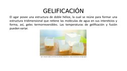 GELIFICACIÓN
El agar posee una estructura de doble hélice, la cual se reúne para formar una 
estructura tridimensional que re