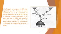 1. La lámpara con un peso de 50 lb esta
soportada por tres barras de acero
conectadas por en A. determinar el
ángulo de orien