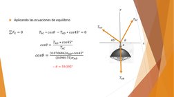 Aplicando las ecuaciones de equilibrio 
σ 𝐹𝑋= 0
𝑇𝐴𝐶∗𝑐𝑜𝑠𝜃−𝑇𝐴𝐷∗𝑐𝑜𝑠45° = 0
𝑐𝑜𝑠𝜃= 𝑇𝐴𝐷∗𝑐𝑜𝑠45°
𝑇𝐴𝐶
𝑐?