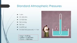 Standard Atmospheric Pressures
1 atm
101.325 kPa
1.01325 Bar
760 mmHg
760 Torr
14.6959 psi
101325/760 (pascals) = 1 To