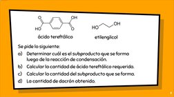 ácido tereftálico
9
etilenglicol
Se pide lo siguiente:
a)
Determinar cuál es el subproducto que se forma 
luego de la reacció