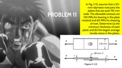PROBLEM 11
In Fig. 1-12, assume that a 20-
mm-diameter rivet joins the 
plates that are each 110 mm 
wide. The allowable stre