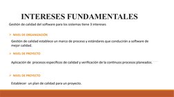 INTERESES FUNDAMENTALES
NIVEL DE ORGANIZACIÓN
Gestión de calidad establece un marco de proceso y estándares que conducirán a