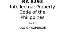 RA 8293
Intellectual Property 
Code of the 
Philippines
Part IV
LAW ON COPYRIGHT

