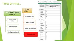 TYPES OF NTDs…
TYPES OF SPINA 
BIFIDA
Occult spina 
bifida
Meningocoele
Meningomyelocoele
Other  
NTDs….
Encephalocele  
Anen
