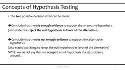 Concepts of Hypothesis Testing
4
• The two possible decisions that can be made:
Conclude that there is enough evidence to su
