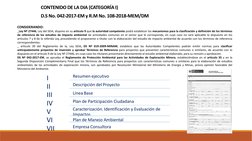 CONTENIDO DE LA DIA (CATEGORÍA I)
D.S No. 042-2017-EM y R.M No. 108-2018-MEM/DM
I
Resumen ejecutivo
II
Descripción del Proyec