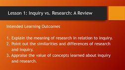 Lesson 1: Inquiry vs. Research: A Review
Intended Learning Outcomes
1. Explain the meaning of research in relation to inquiry