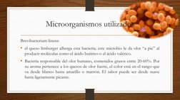 Microorganismos utilizados
Brevibacterium linens:
• el queso limburger alberga esta bacteria; este microbio le da olor “a pie